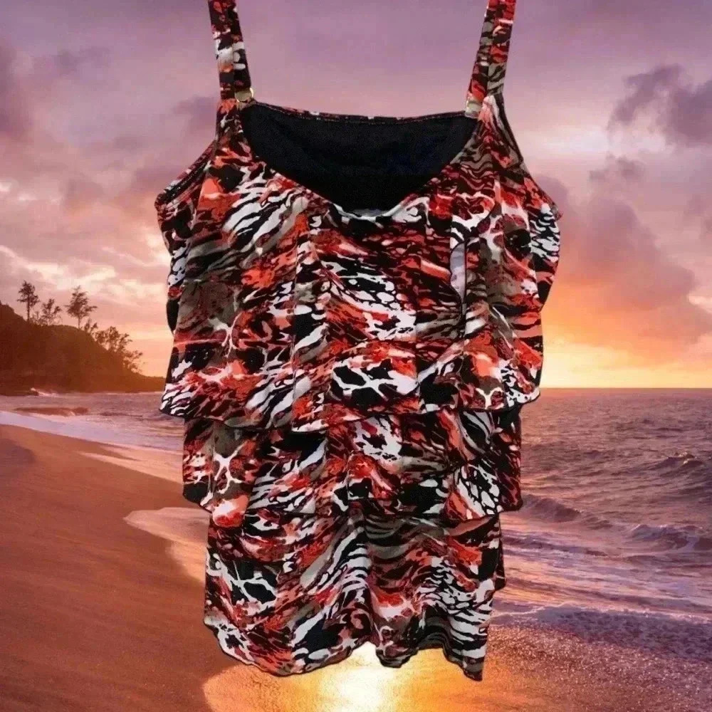 Simon Chang ruffled tankini top with adjustable straps, moulded cups